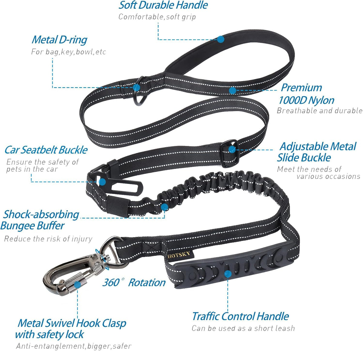 Hotsky Tactical Bungee No Pull Strong Dog Leash,Reflective Black,4-6FT