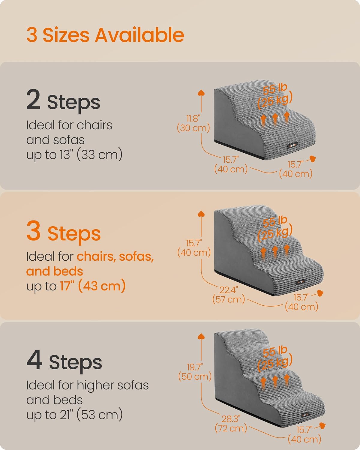 Feandrea 3-Step Dog Stairs, Waterproof, Anti-Slip, Gentle Slope
