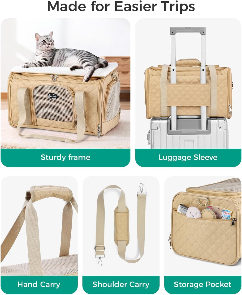 Cat Carrier Airline Approved, Soft Pet Carrier, 17x11x9.5 in, Brown
