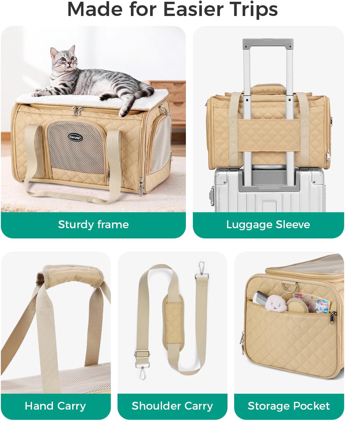 Cat Carrier Airline Approved, Soft Pet Carrier, 17x11x9.5 in, Brown