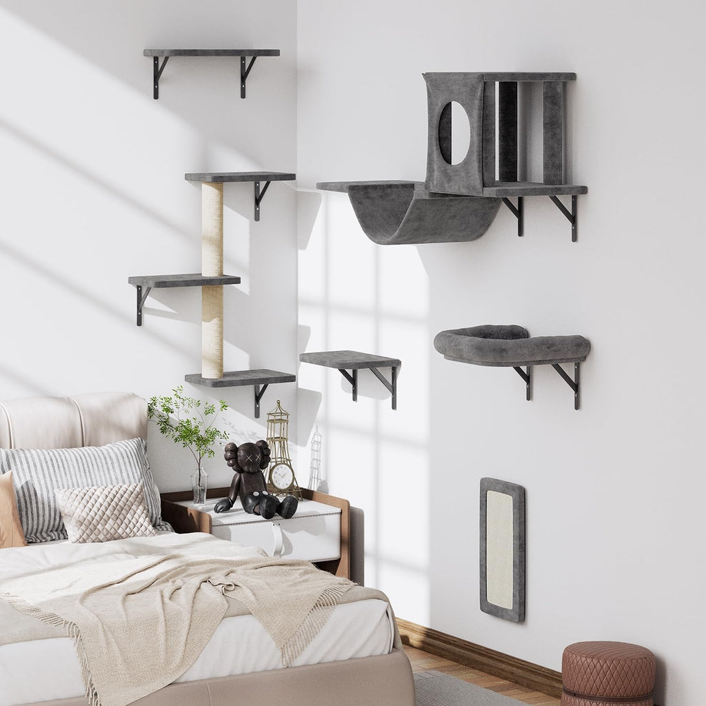 Cat Wall Shelves, 6 Pcs Luxury Wall-Mounted Cat Climber Shelves, Dark Gray