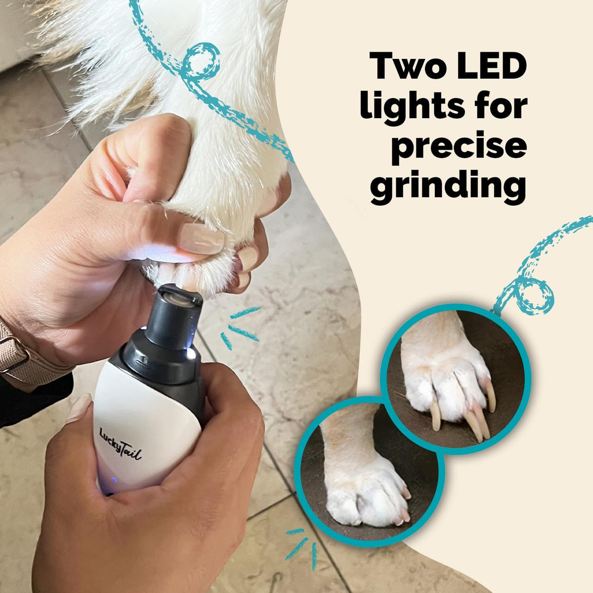 LuckyTail Dog Nail Grinder, Whisper-Quiet, Low-Vibration Trimmer with Light