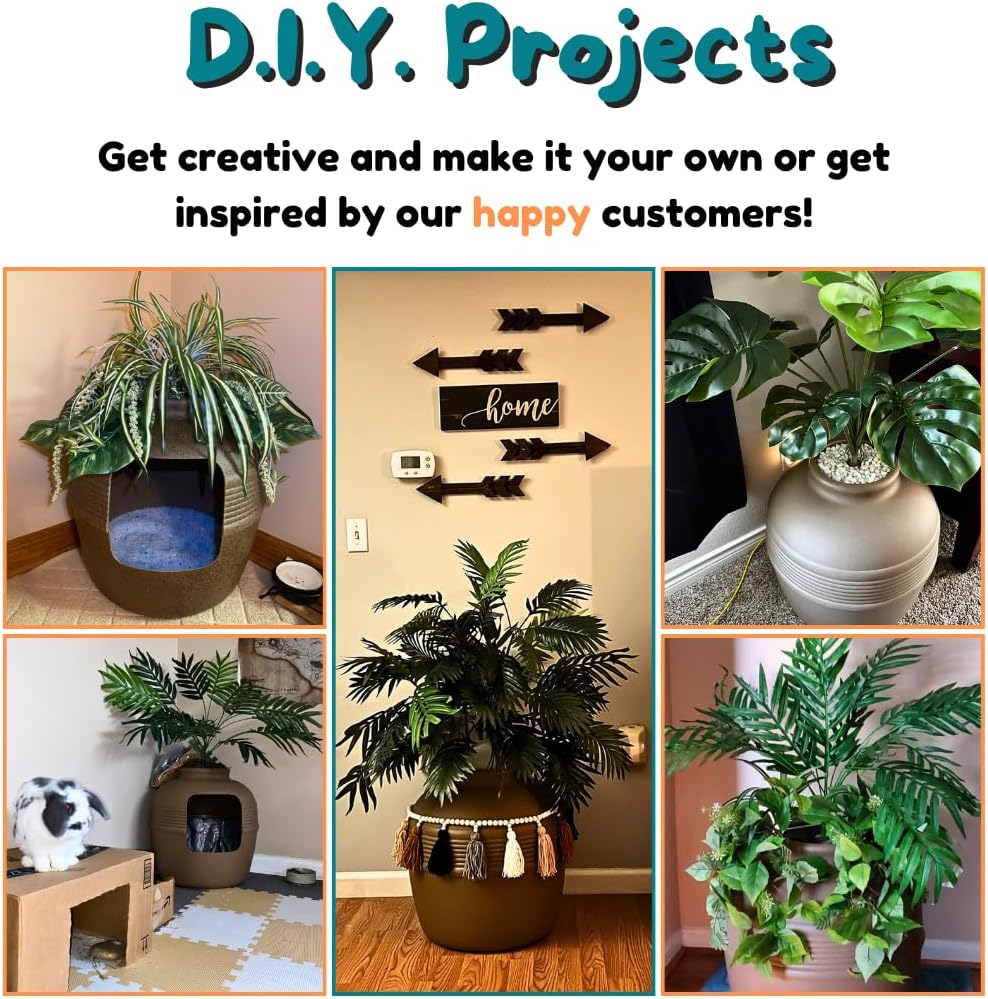 Good Pet Stuff Original Hidden Litter Box Planter, Decorative Cat Litter Enclosure, Carbon Filter, Faux Plant, Round Design, Easy Clean Litter Tray, Essentials Kit, Broad Leaf Plant, Terracotta Brown