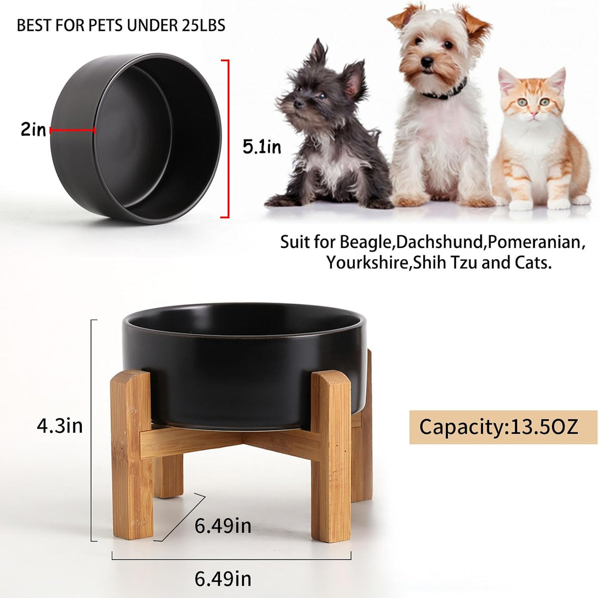 Petygooing Black Elevated/Raised Ceramic Dog Bowl for Small Breeds, Dog Food Water Dish with Stand,Pet Feeding Bowl with Anti Slip Rubber for Cats and Small Dogs Puppy 13.5 OZ (5.1In / 1.7 Cups)