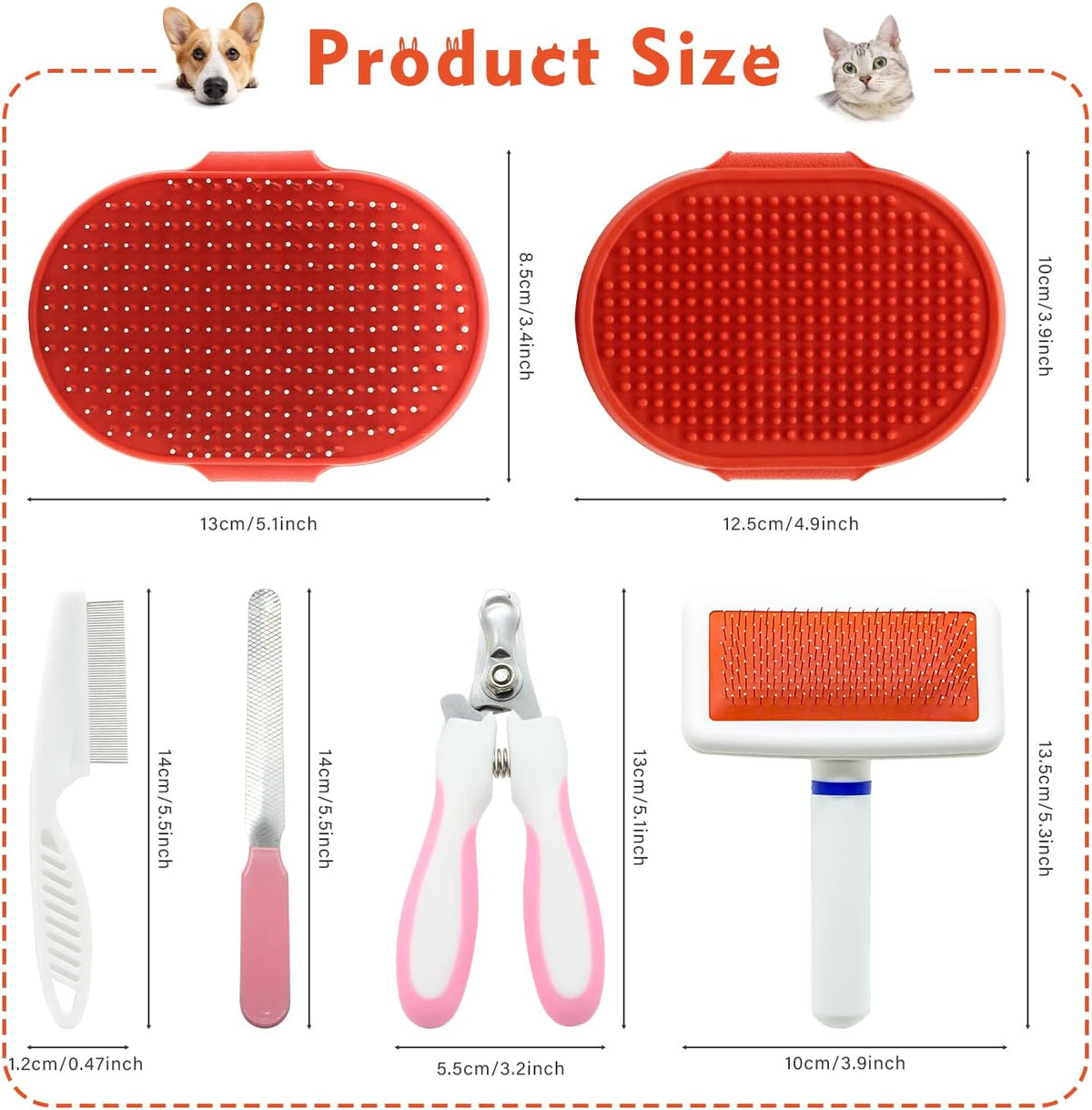 Cat Grooming Kit Set with Pet Shedding Slicker Brush Nail Clipper Trimmer Pet Massage Bath Glove Flea Comb for Bunny Puppy Kitten Guinea Pig Chinchilla Ferret Small Animals (Red, Pink)
