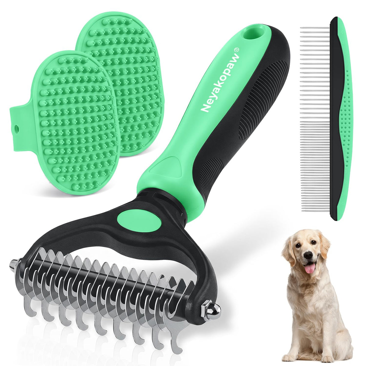 Pet Grooming Rake 4-in-1 Kit for Dogs and Cats, Double Sided Undercoat Rake, Deshedding Brush, Dematting & Metal Comb, Bathing Brush - Removes Loose Fur for Long Short Matted Hair Green