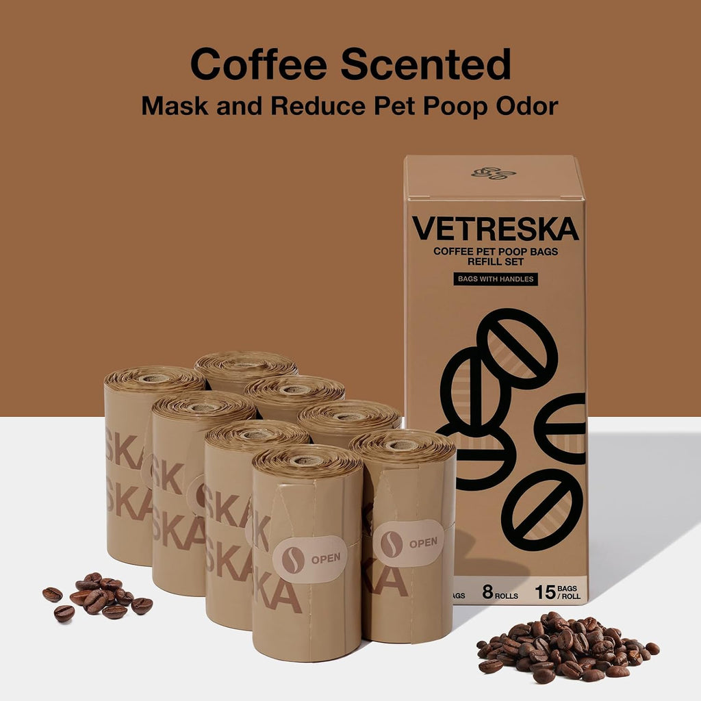 VETRESKA Dog Poop Bags with Handles 120 Count, Coffee Scented Waste Bags | Leak-Proof Thick Dog Bags for Poop, Easy-Tie Large Poop Bags, 8 Refill Rolls for Dog Walking Cat Litter