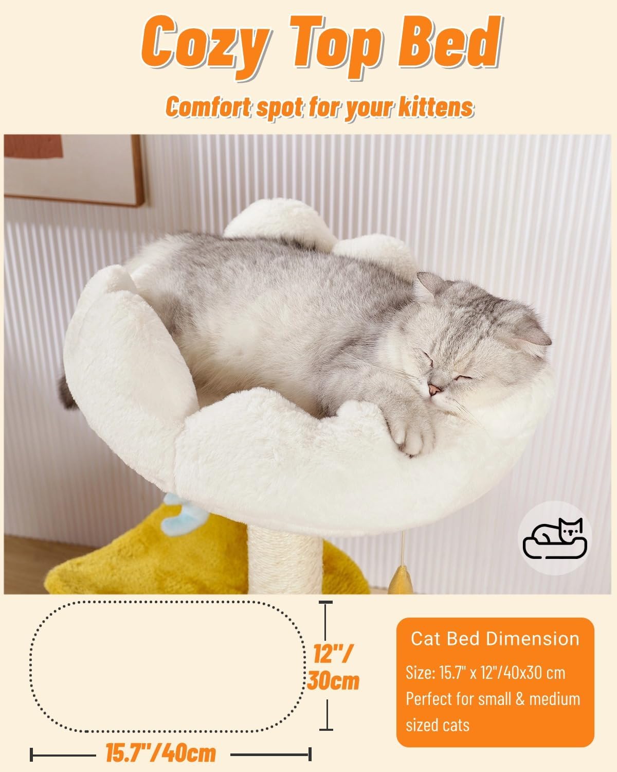 Happi N Pets Cloud Cat Tree, 31.5in Multi-Level Indoor Cat Tower with Scratching Posts, Viewing Perch, Removable & Washable Cushions, Cat Activity Tree with Dangling Toy