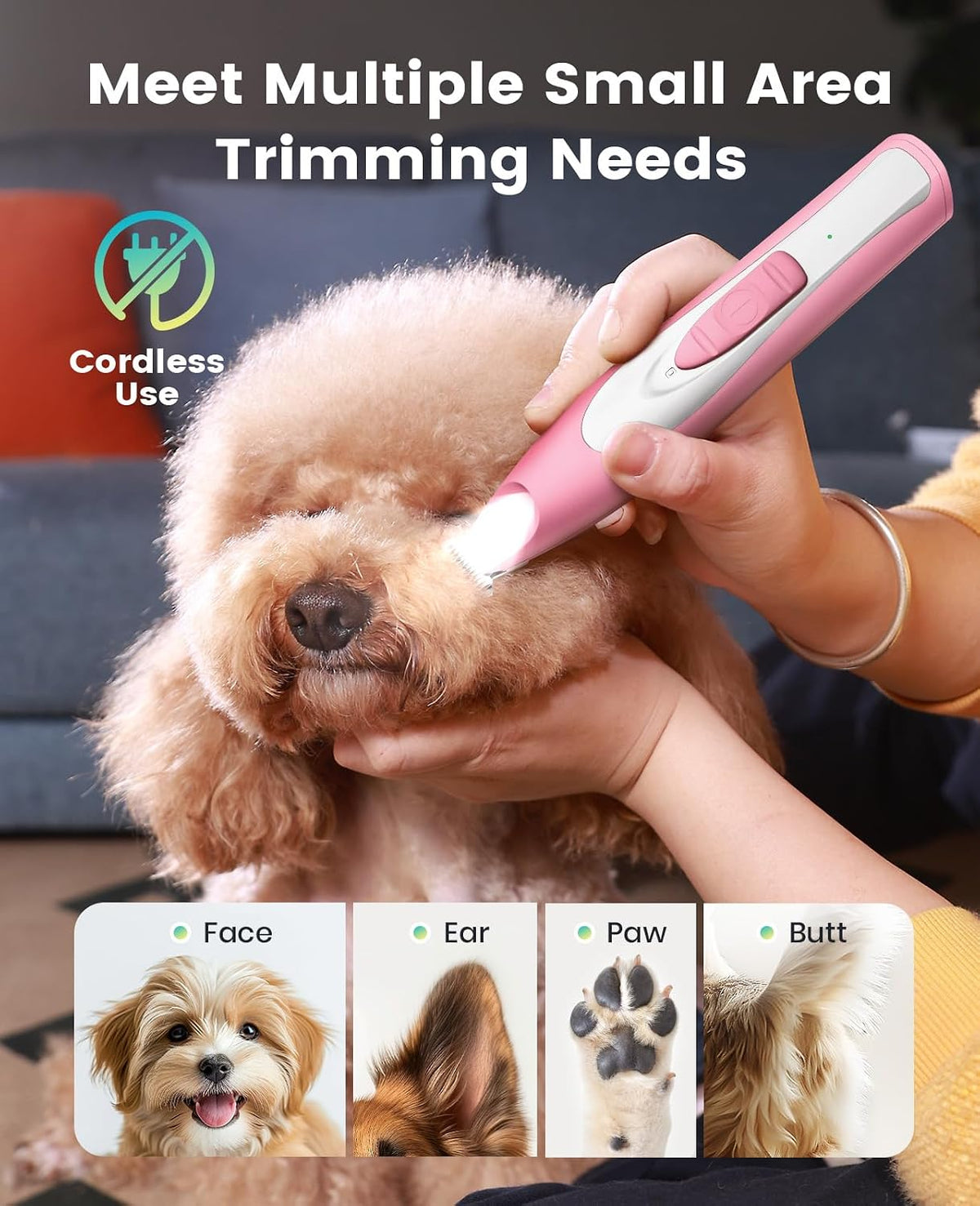 oneisall Low-Noise Dog Paw Trimmer with LED Light (Pink)