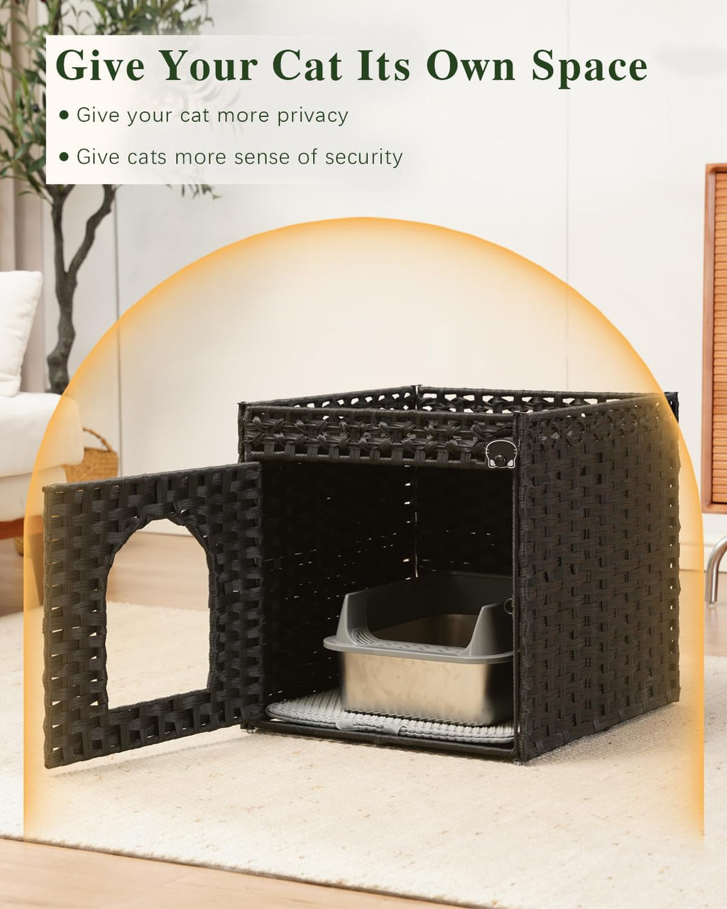 SETVSON Cat Litter Box Enclosure Furniture, Hidden PE Rattan, Black