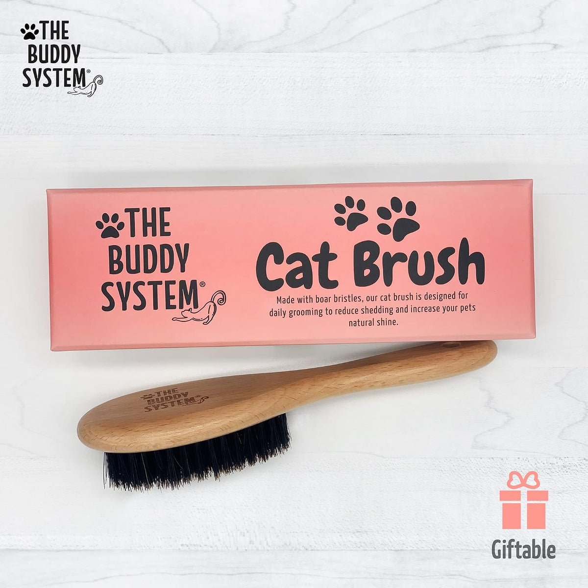 The Buddy System - Soft Cat Brush with Boar Bristles, 1 Pack | Cat brush with wooden handle, daily grooming pet brush, reduce shedding and gives coat a healthy shine - boar bristles 
