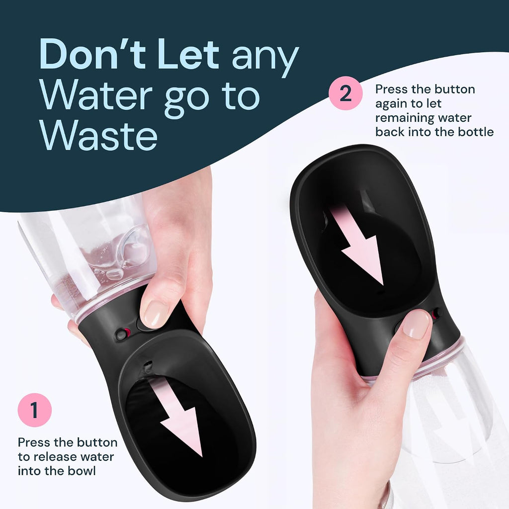 MalsiPree Dog Water Bottle Dispenser - 12 oz Black, Leak-Proof | 12oz leak-proof bottle - one-hand use - built-in bowl - Use for dog walks, travel, hiking & beach days