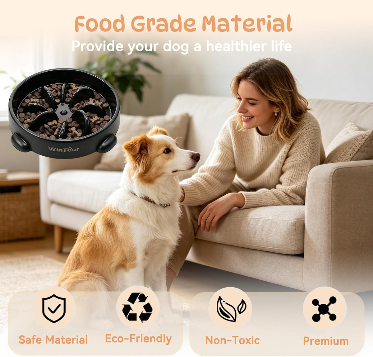 WinTour Slow Feeder Dog Bowls for Small Medium Pets, Round PP Dish, 1 Pack