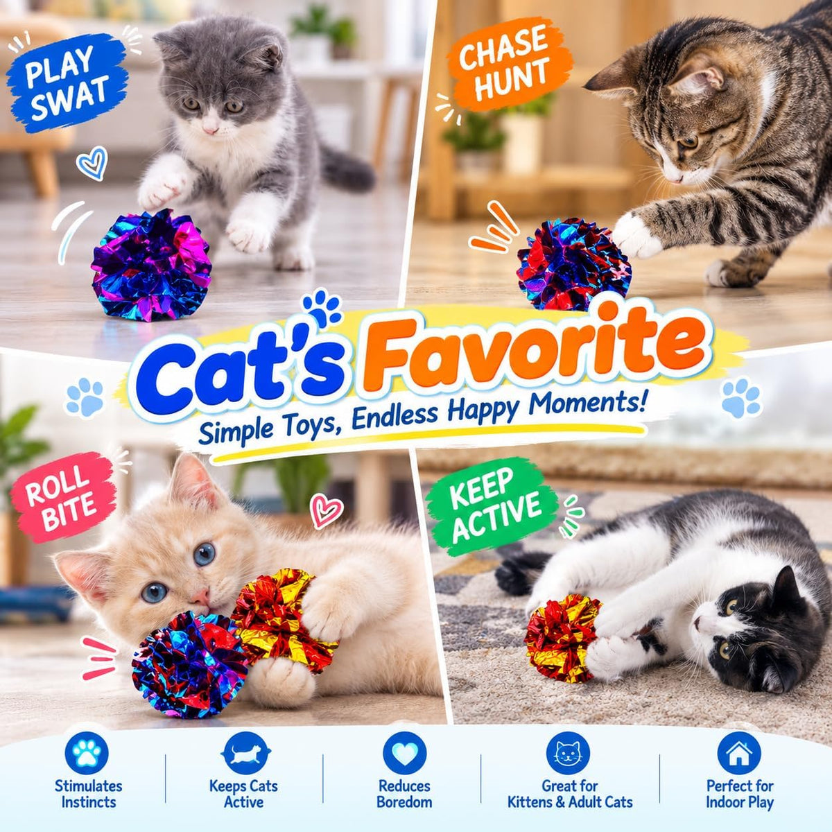 Cat Toys 20 Packs Interactive Crinkle Ball, 2.3 Inch Bright Colors Cat Ball Toys to Attract and Engage Cats, Promote a Healthy Lifestyle for All Breed Sizes Cats