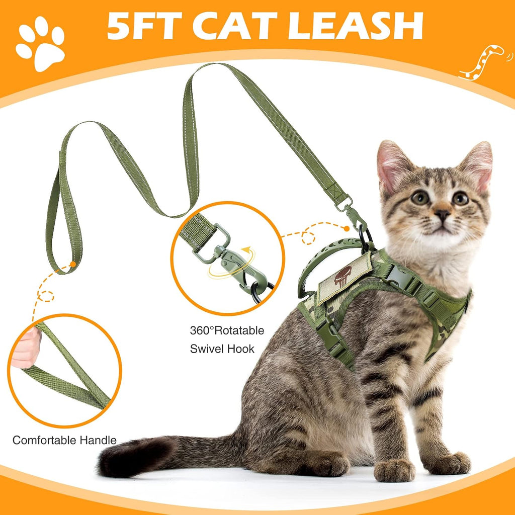 Tactical Cat Harness and Leash Set for Walking Escape Proof, Adjustable Large Cat Vest Harness with Molle Patches, Soft Mesh Padding, Rubber Handle Easy to Control