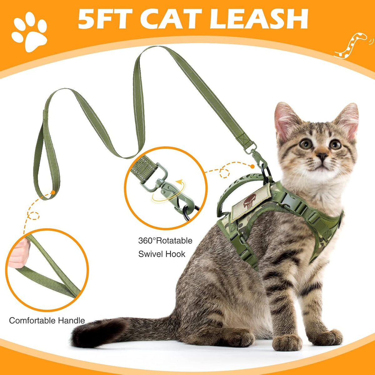 Tactical Cat Harness and Leash Set for Walking Escape Proof, Adjustable Large Cat Vest Harness with Molle Patches, Soft Mesh Padding, Rubber Handle Easy to Control