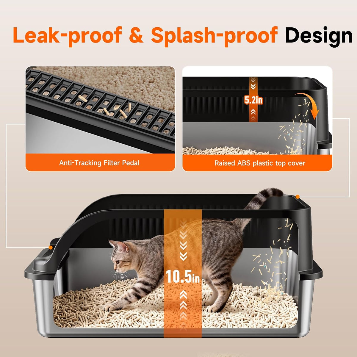 Extra Large Stainless Steel Litter Box with Lid, XL Odor Free Metal Litter Box with High Sides for Big Cats, Open Top Easy Cleaning Kitty Box Anti-Urine Leakage, Non-Sticky, Include Scoop, Black