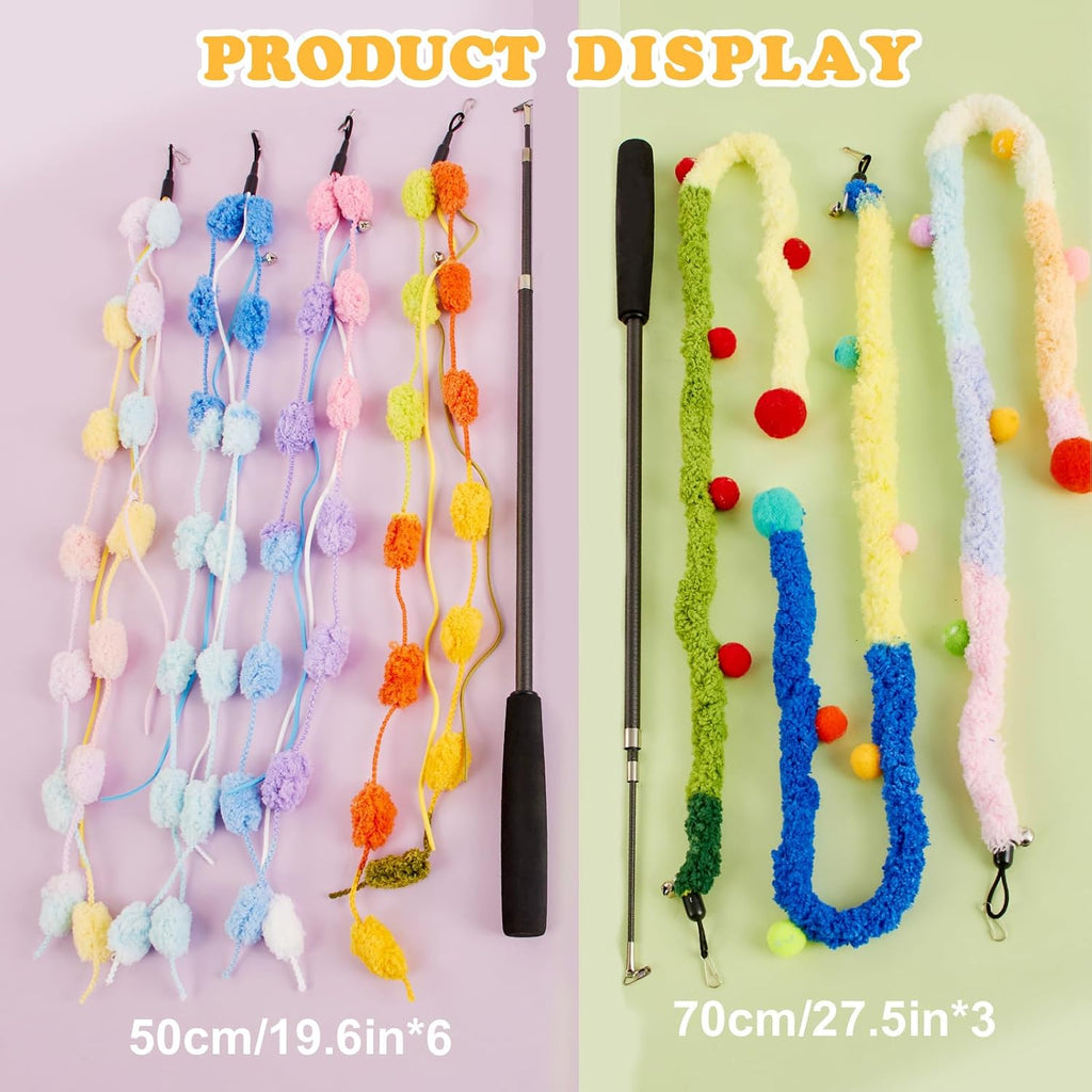 Cat Wand Toy, 9Pcs Retractable Plush Srtip Cat Teaser Wand Toys
