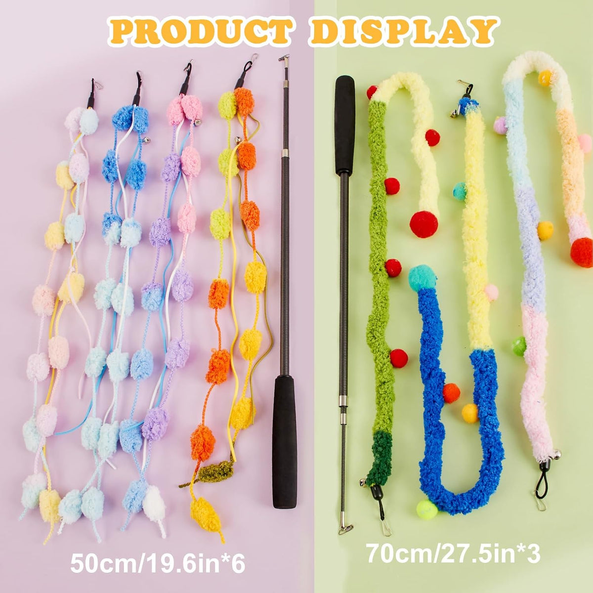 Cat Wand Toy, 9Pcs Retractable Plush Srtip Cat Teaser Wand Toys