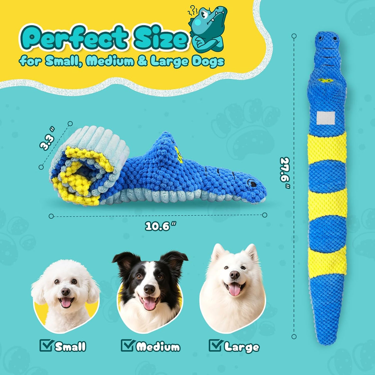 TOOPTATE Crocodile Squeaky Dog Toy | Dual-Opening Treat Pocket for Puzzle Play, Long Plush Body For Tugging, Suitable for Small, Medium, and Large Dogs