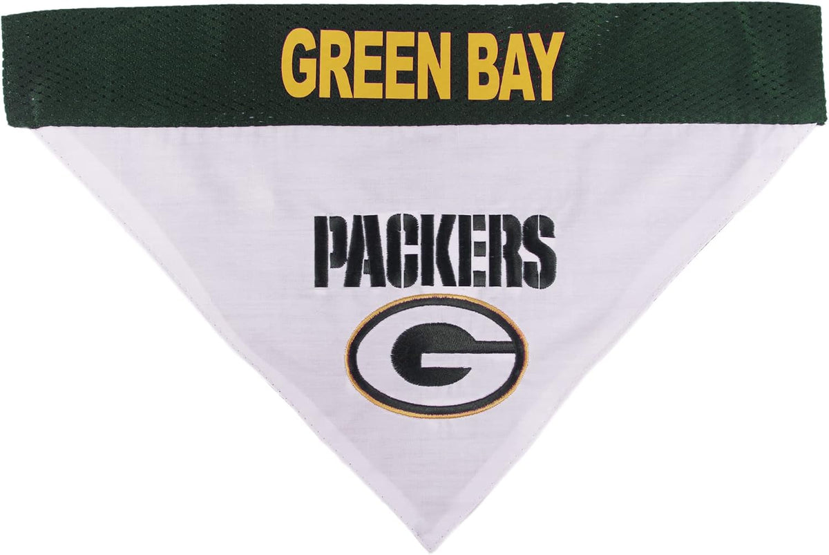 Pets First NFL DOG BANDANA - GREEN BAY PACKERS REVERSIBLE PET BANDANA. 2 Sided Sports Bandana with a PREMIUM Embroidery TEAM LOGO, Large/X-Large. - 2 Sizes & 32 NFL Teams available (GBP-3217-L-XL)