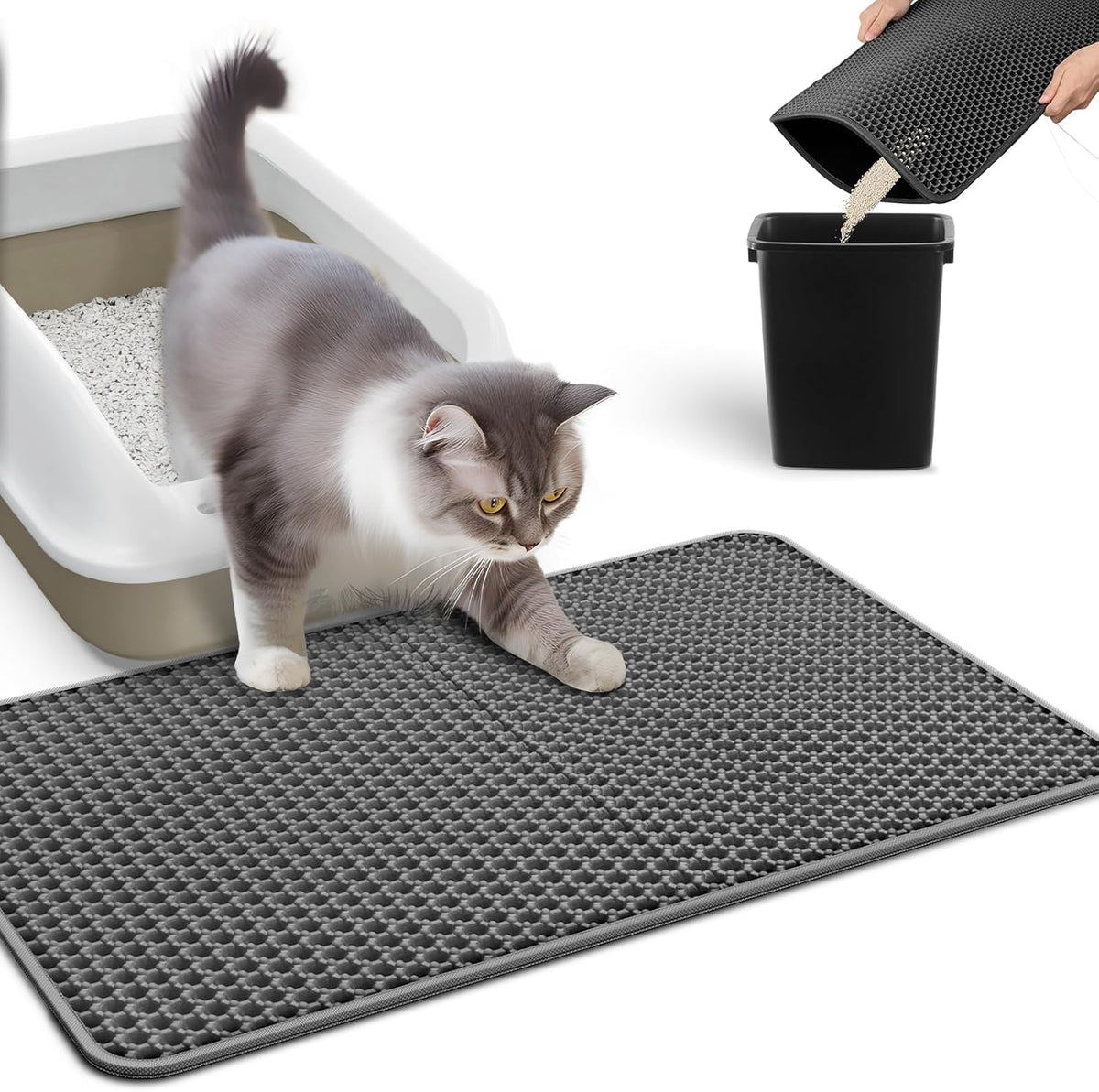 Powools Cat Litter Mat, 23.2 x 14.6 in, Waterproof, Non-Slip, Dark Gray | Litter Trapping Mat, Easy to Clean, Litter Box Mat, Urine-Proof, Cat Toilet Training Systems Accessories, Indoor Cats