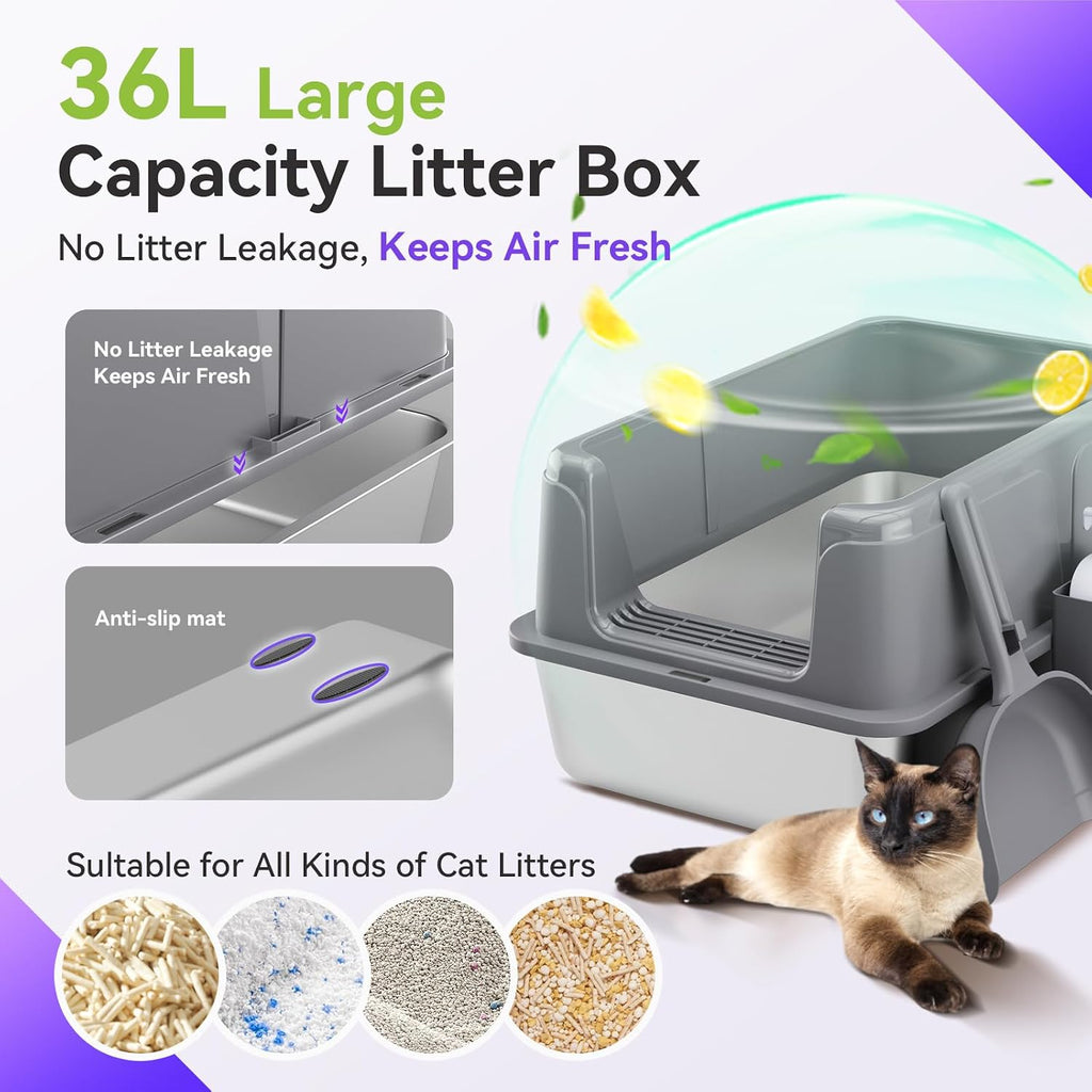 Stainless Steel Cat Litter Box, Free Metal Litter Box with High Sides Lid, Open Top Litter Pan Include Scoop