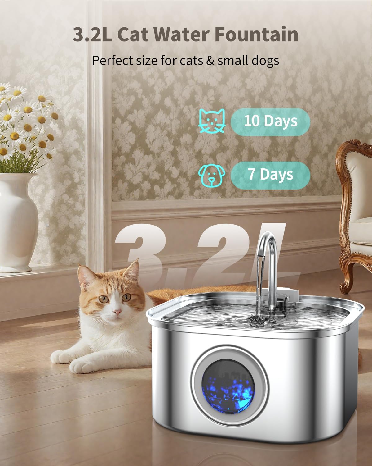 Stainless Steel Cat Water Fountain - 3.2L/108oz Cat Drinking Fountain
