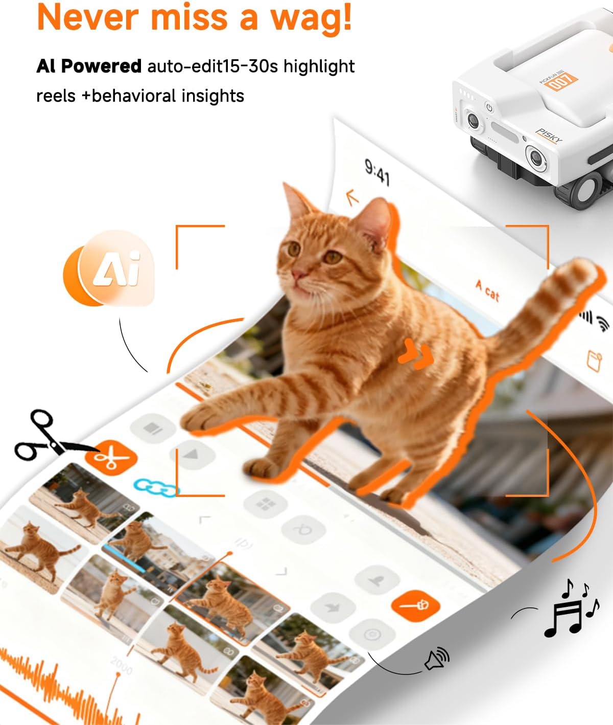PMATE Self-Moving Pets Camera AI-Powered Rover with Auto Tracking & Patrol, 2K Live View, Night Vision, 2-Way Talk, and Auto-Recharge (A3-White)