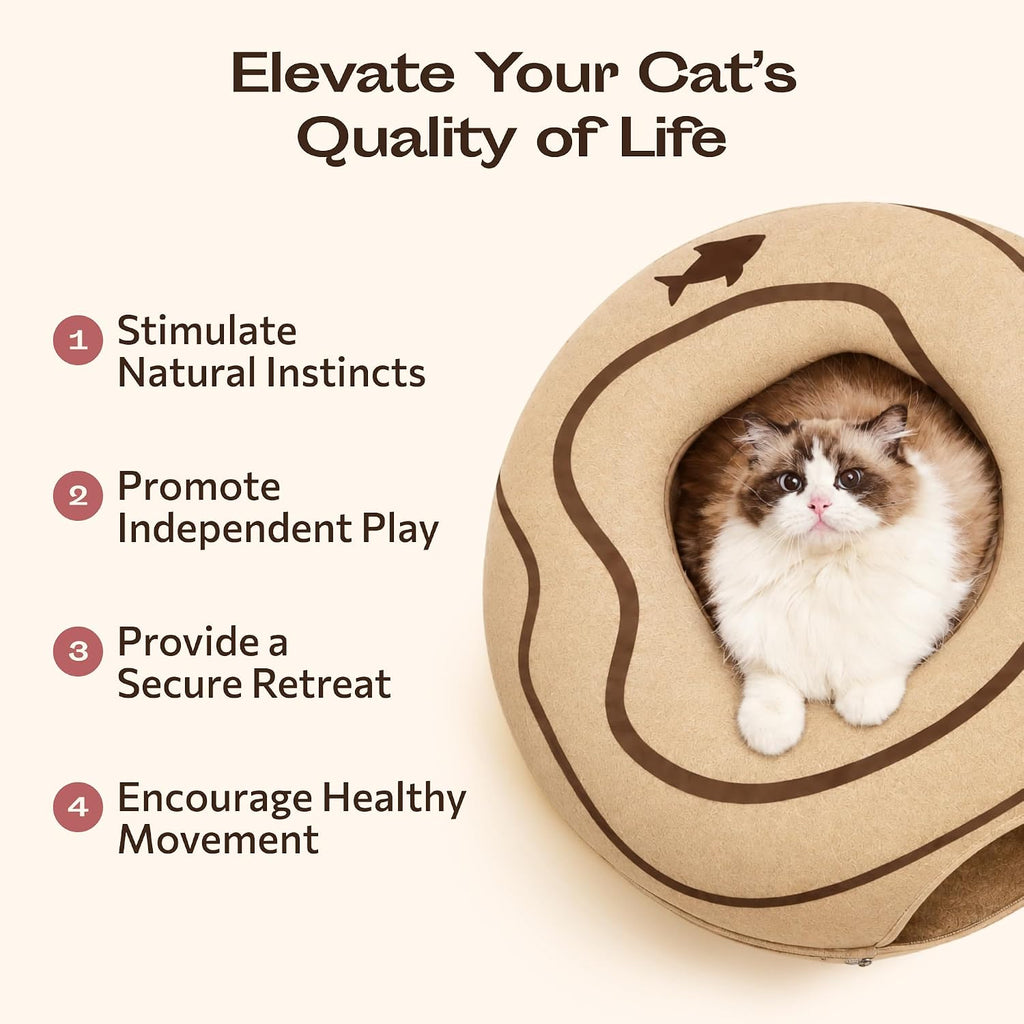 Peekaboo Cat Cave Donut - Cat Tunnel Bed for Indoor Cats – Cute Patterns Hideaway for Multiple & Large Cats, Scratch-Resistant