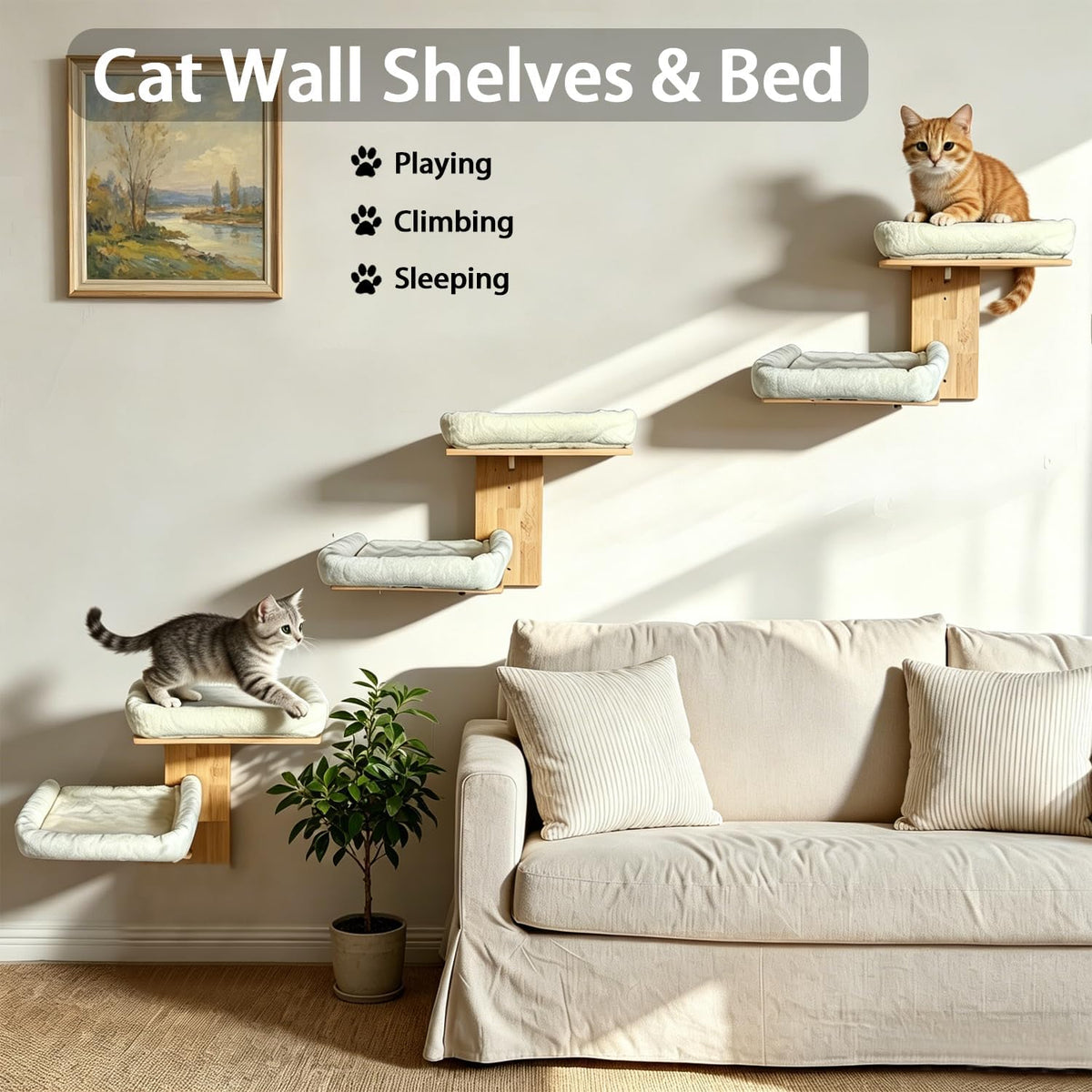 Cat Wall Shelves with Cat Bed 2 in 1 Furniture with Soft Cushion Perch & Pet Cooling Mat 2 Platform Climbing Wall Systems Tree Tower for Indoor Cats Rubber Wood Corner Floating Shelf
