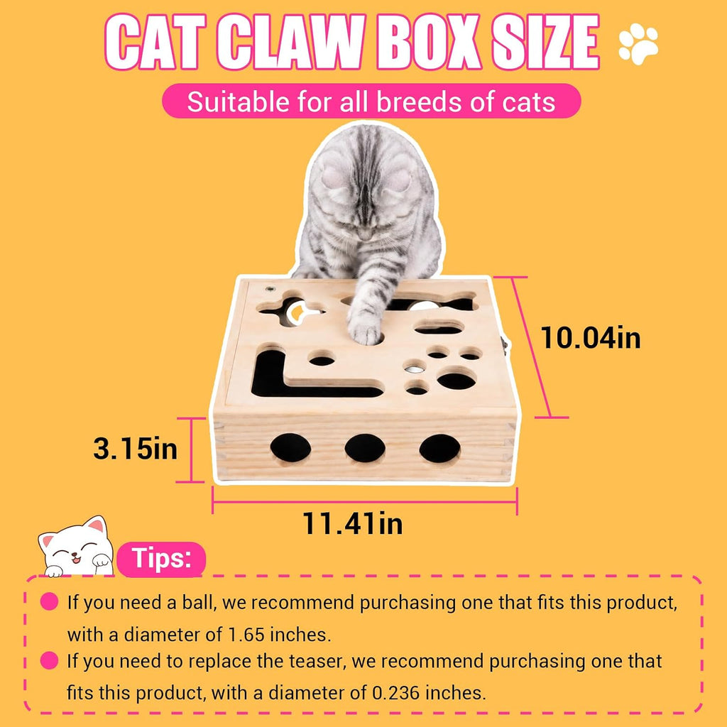 Large Cat Nail File Box, Sturdy Wood with 3 Small Balls & 2 Cat Teaser