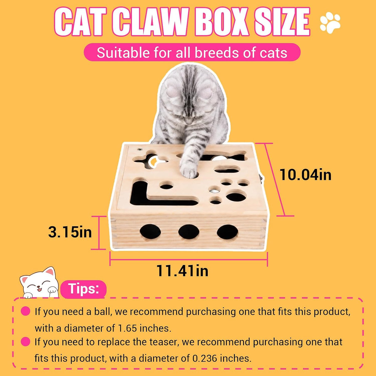 Large Cat Nail File Box, Sturdy Wood with 3 Small Balls & 2 Cat Teaser