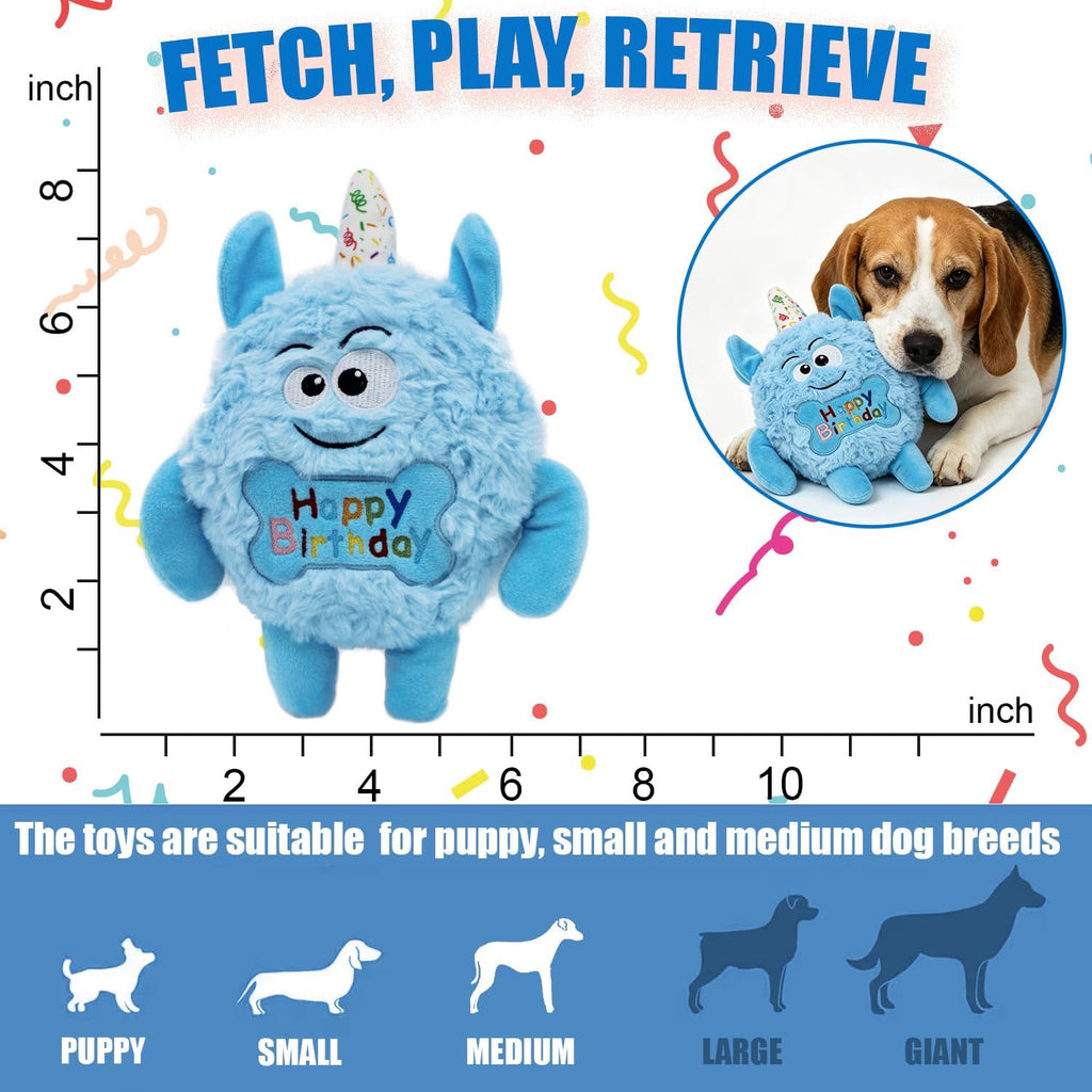 Monster Dog Birthday Toy for Gifts, Stuffed Dog Plush Toy, Blue | Crinkle Squeaky, Soft Lightweight Toy for Fetch and Chew, Interactive Outdoor Indoor Play for Tug, For Puppy Small Medium Dog