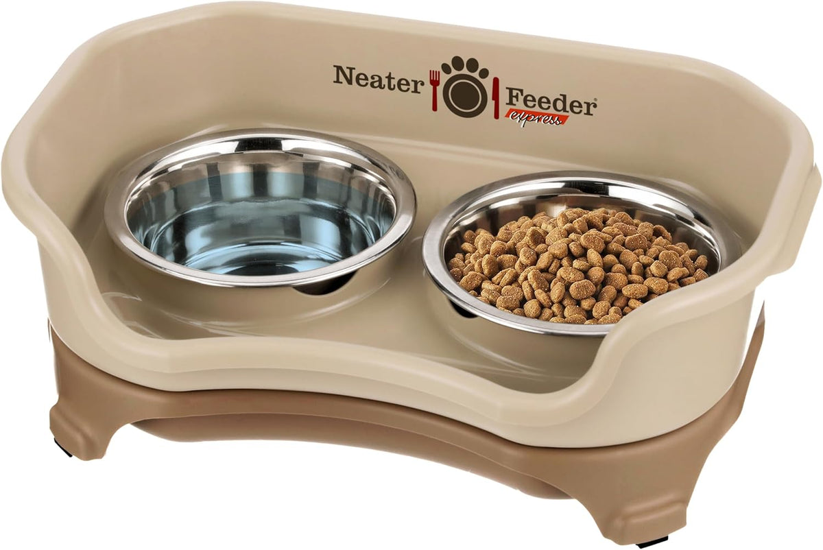 Neater Feeder Express Mess Proof Cat Bowls Elevated, No Spill Feeding Station, Stainless Steel Dishes for Food and Water, Raised Bowls for Indoor Cats, No Fatigue Whisker Friendly Dish, Cappuccino 