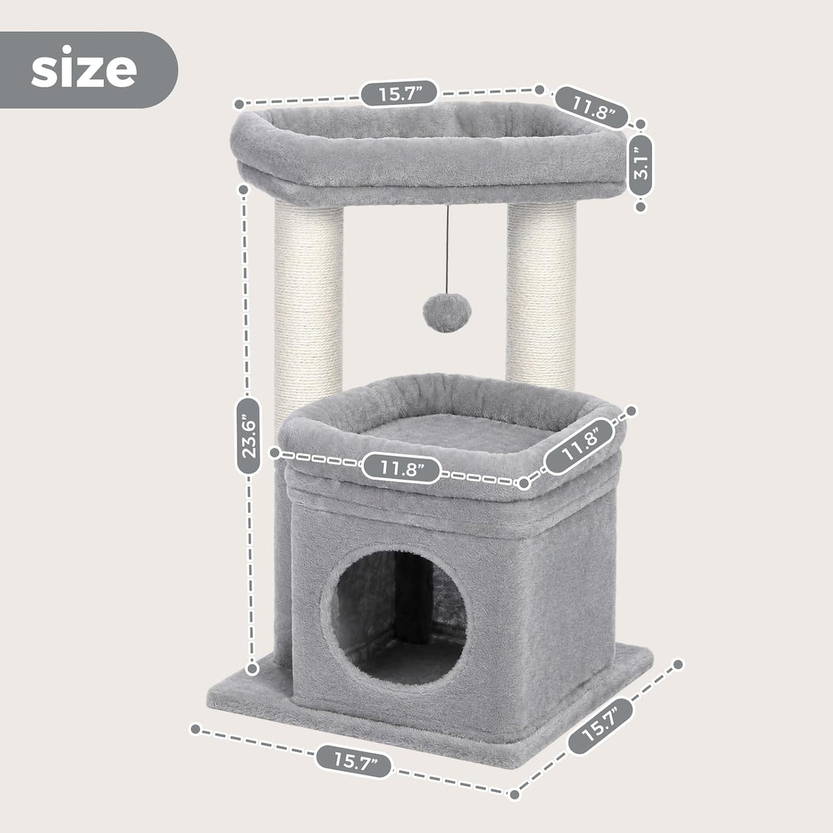 PEQULTI Small Cat Tree Tower for Indoor Cats, Sisal Post & Cozy Condo, Grey