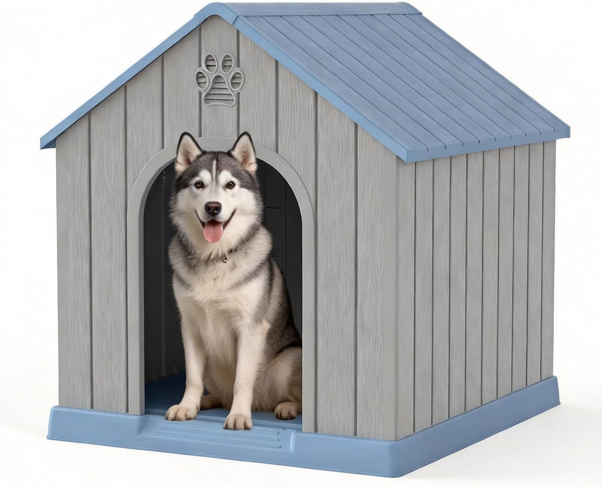 Fancyango Large Dog House for Medium to Large Dogs – Sturdy Plastic Waterproof Doghouse for Indoor/Outdoor Use with Air Vents and Elevated Floor Easy to Clean and Assemble (Blue, 36.2"L × 38"W × 38"H)