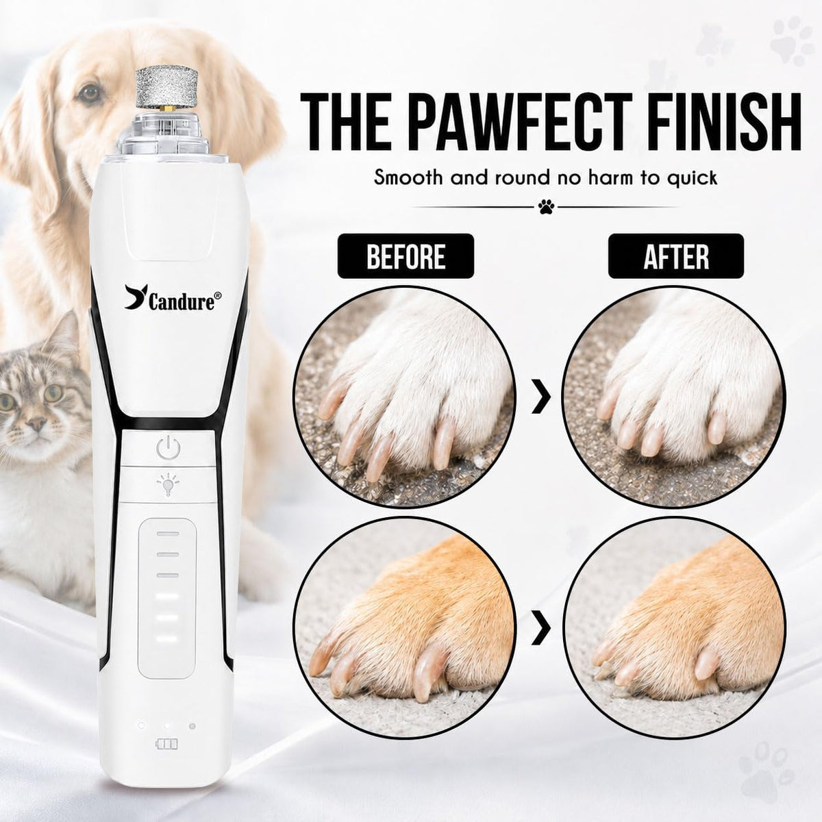 Candure Whisper Quiet Dog Nail Grinder with 360 Degree LED Light, 6-Speed Rechargeable Pet Nail Trimmers with Extra Grinding Head for Safe, Stress-Free Grooming for All Pet Sizes (White)