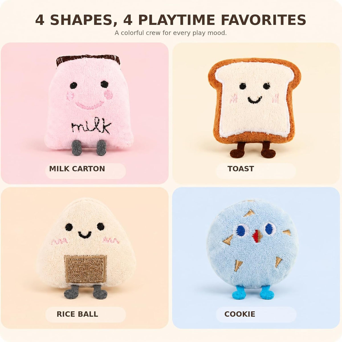 Catnip Toys for Cats, Cat Toys for Indoor Cats, 4 Pack Interactive Plush Food-Shaped Kicker Set with Jingle Bells for Kittens, Batting and Bunny Kick Play, Toast, Milk Carton, Rice Ball and Cookie