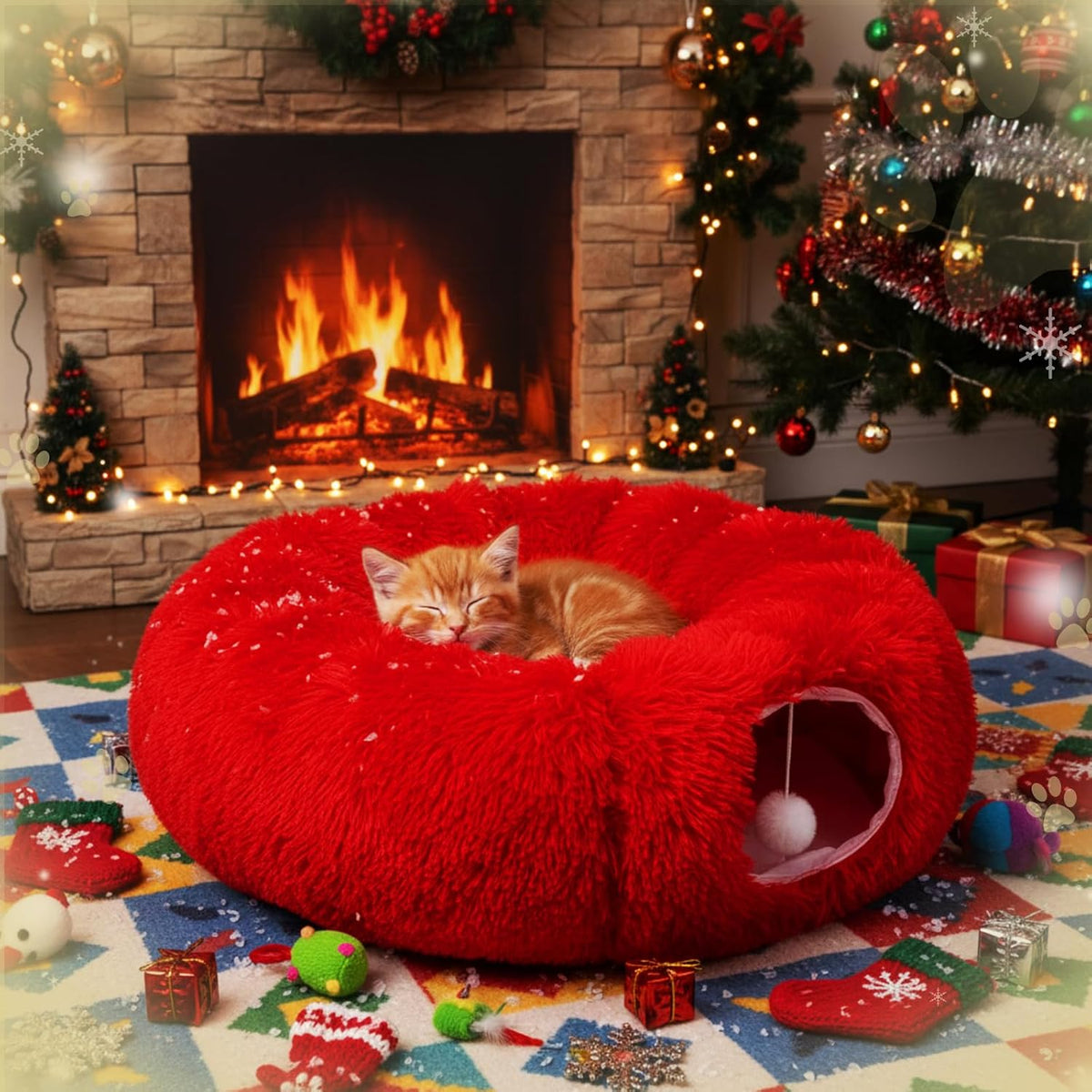Thyle Christmas Cat Tunnel Bed, Red, 3ft X 3ft X 9.8in, Plush