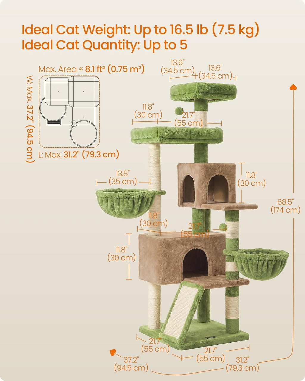 Feandrea Cat Tree, 68.5-in Tall Cat Tower, Multi-Level Condo, Green