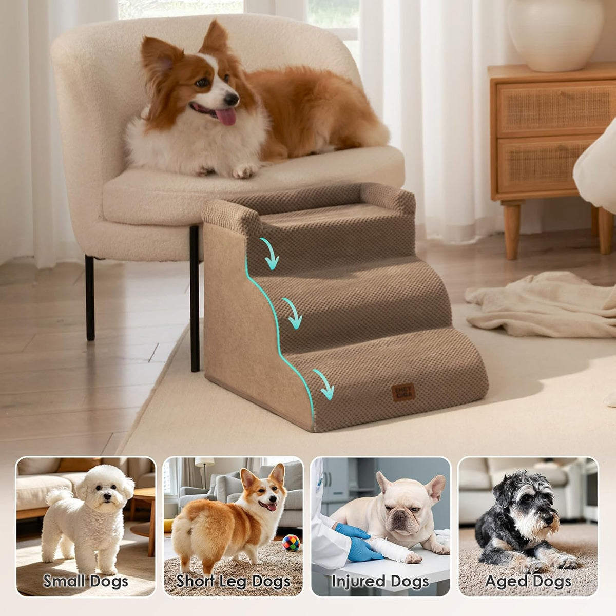 EHEYCIGA 3-Step Curved Dog Stairs for Small Dogs 14" H, Camel
