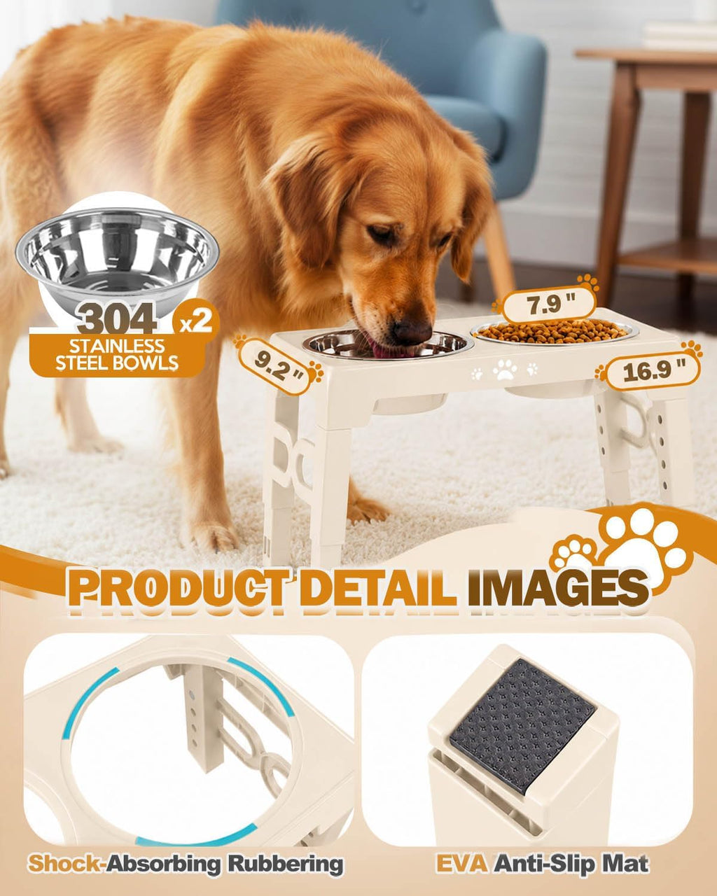 Jovrun Elevated Dog Bowls for Medium Large Size Dogs, Non-Slip Dog Feeder with 2 Stainless Steel Dishes, 5 Heights Adjustable Raised Bowls to 3.15″-8.66″-9.84″-11.02″-12.2″