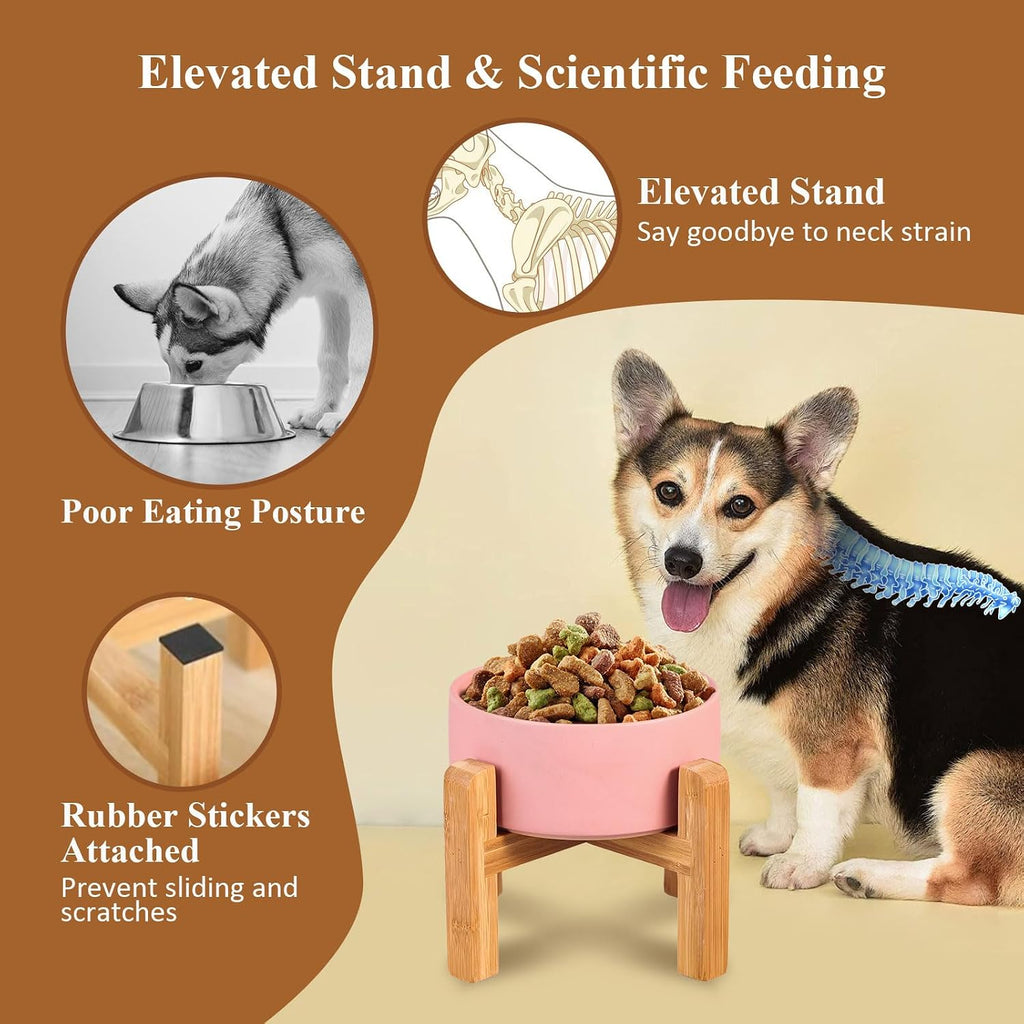 Ceramic Elevated Dog Bowl with Bamboo Stand, for Small & Medium Dog, Grey