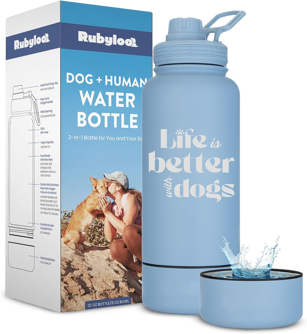 Rubyloo Dog Water Bottle w/Detachable Bowl for Dog Lovers, Life is Better | 32oz Insulated Stainless Steel Bottle, 8oz Detachable Bowl, Leak-Proof Lid, BPA-Free, Hiking, Walking, Travel, Gift