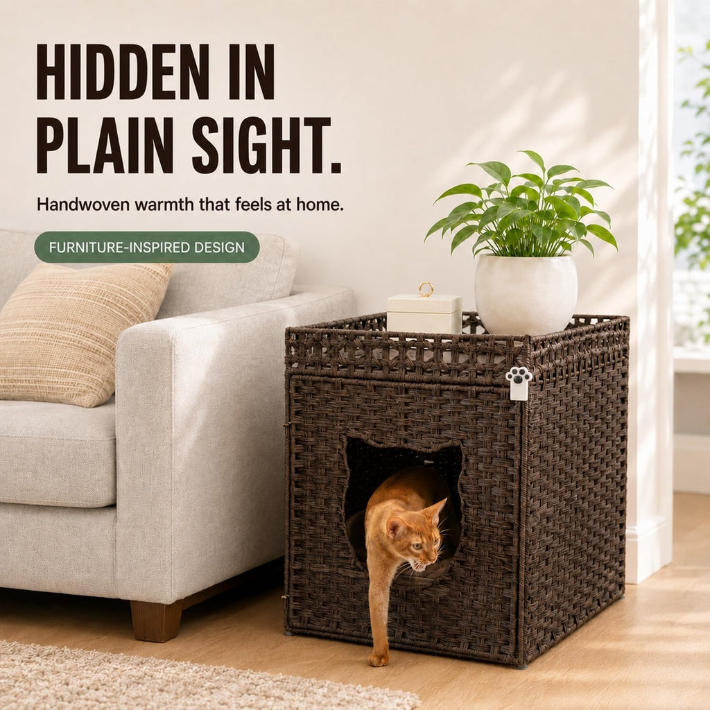Handwoven Rattan Cat Litter Box Enclosure for Large Litter Boxes, Hidden Cat House Furniture with Fitted Litter Mat and 2 S-Hooks, 24.5" D x 19" W x 24" H, Brown