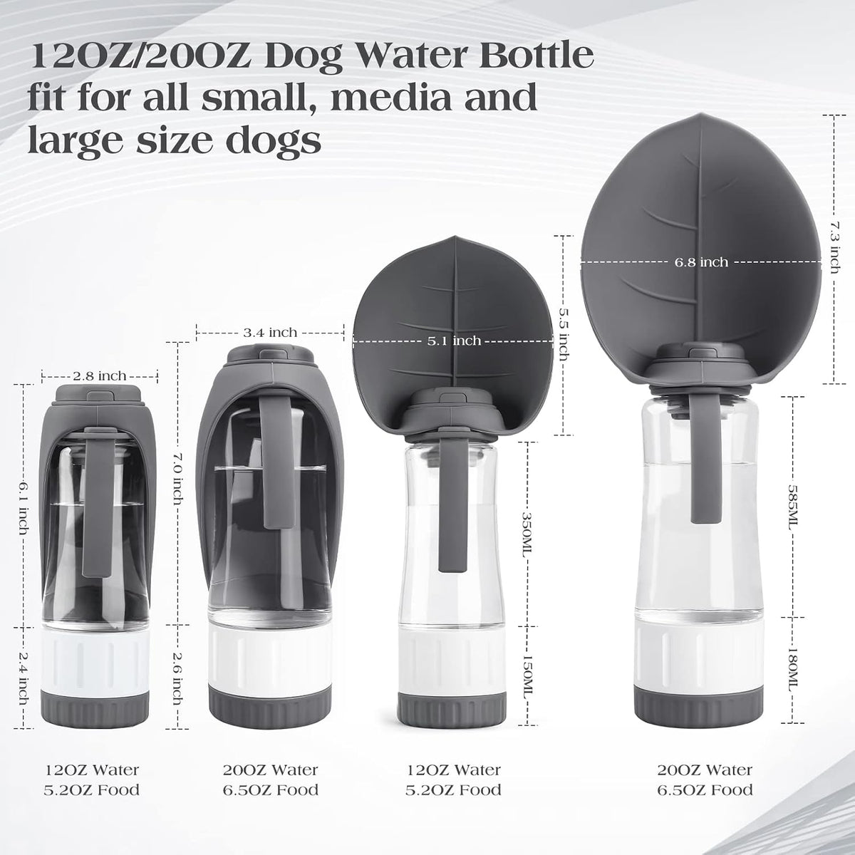 TIOVERY Upgraded Dog Water Bottle, Portable Dog Cat Puppy Pet Water Dispenser Feeder with Drinking Cup and Food Container Leak Proof for Outdoor Walking, Travel, Hiking 12OZ Grey