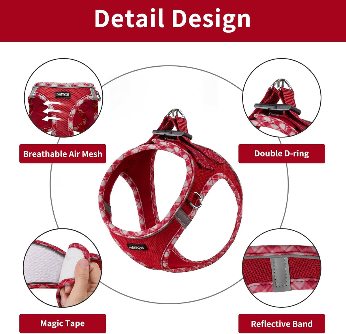 AMTOR Small Dog Harness with Leash Set, No Escape Easy Walk Puppy Harnesses for Training Walking, Step-in Reflective Soft Dogs Vest for XS S Medium Extra-Small Large Sized Dog(Red/White,XS)
