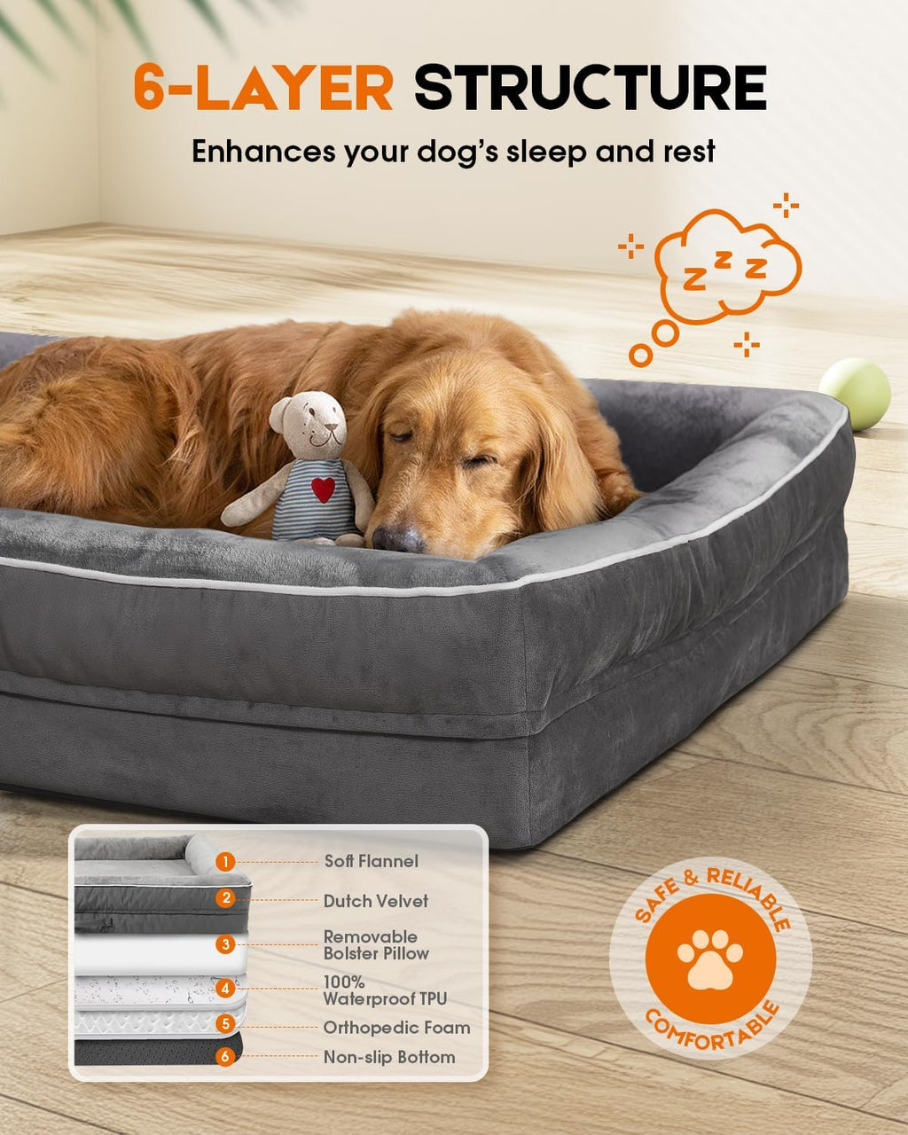 Upvilla Orthopedic Dog Bed XXL, Four-Sided Dog Sofa, Washable Cover, Gray