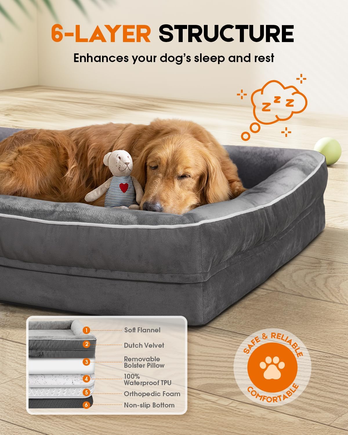 Upvilla Orthopedic Dog Bed XXL, Four-Sided Dog Sofa, Washable Cover, Gray